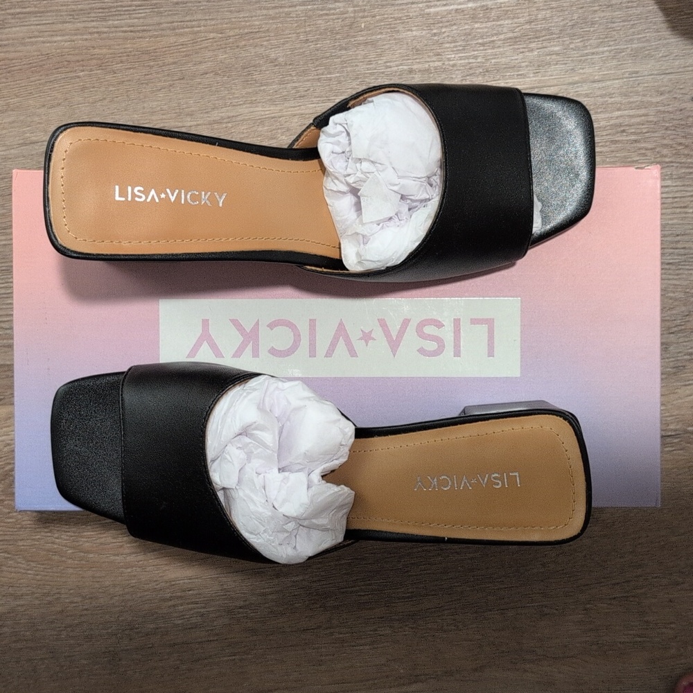 Lisa Vicky Black Block Heel Slides NWT